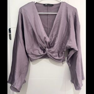 Satin Flare Sleeve Crop Top